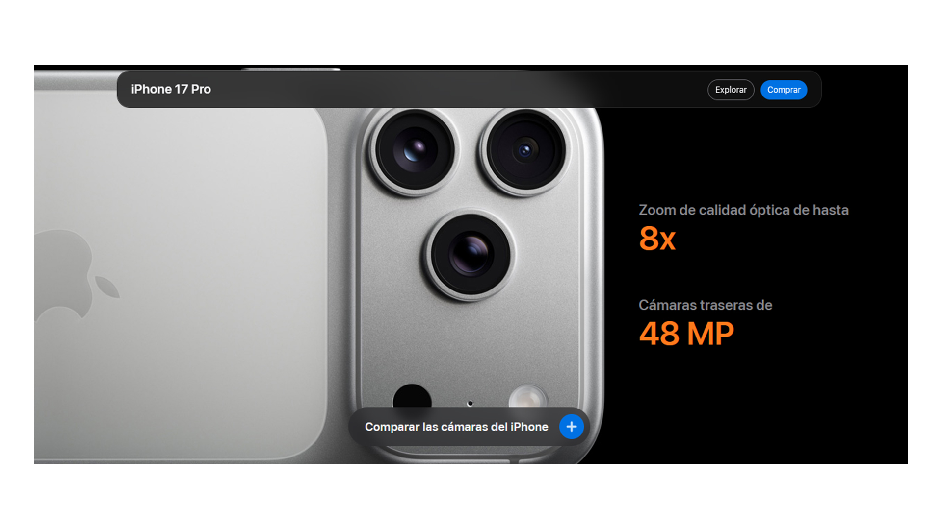 Descripción de las cámaras del iPhone 17 Pro en el sitio web oficial de Apple